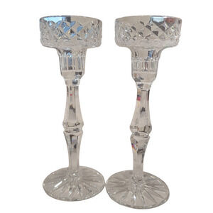 Set of 7.75" Chrome Crystal Candlestick Holders Glass Cut Heavyweight Decorative